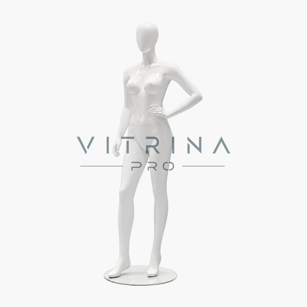 Mannequin femme en polyester blanc brillant avec support métallique pour boutique et vitrine
