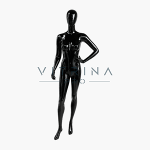 Mannequin femme en polyester noir brillant avec support métallique pour boutique et vitrine