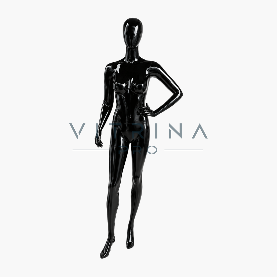 Mannequin femme en polyester noir brillant avec support métallique pour boutique et vitrine