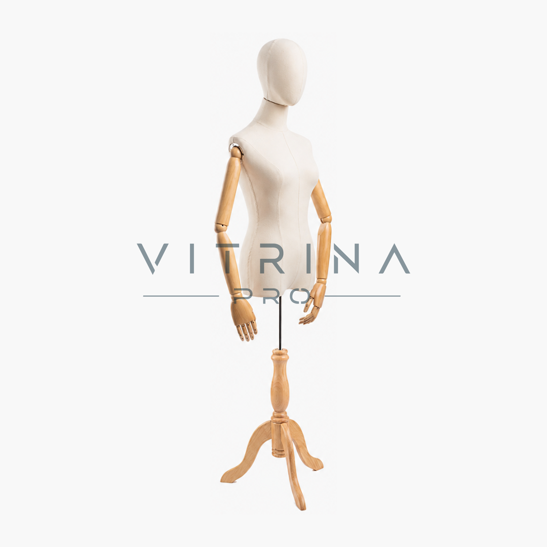 Mannequin torse femme avec tête et trépied en bois pour boutique et vitrine