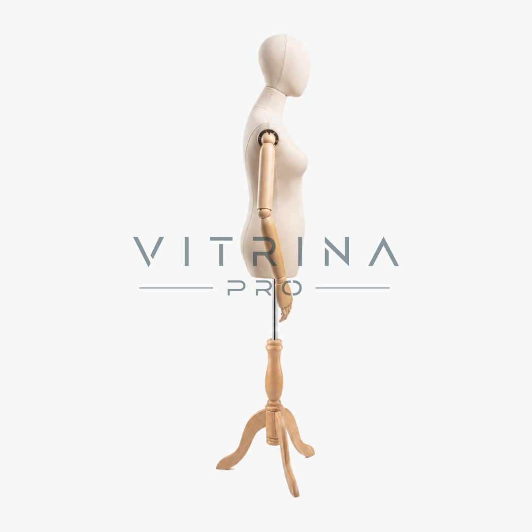 Mannequin torse femme avec tête et trépied en bois pour boutique et vitrine