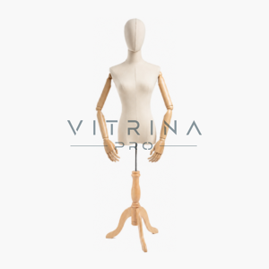 Mannequin torse femme avec tête et trépied en bois pour boutique et vitrine