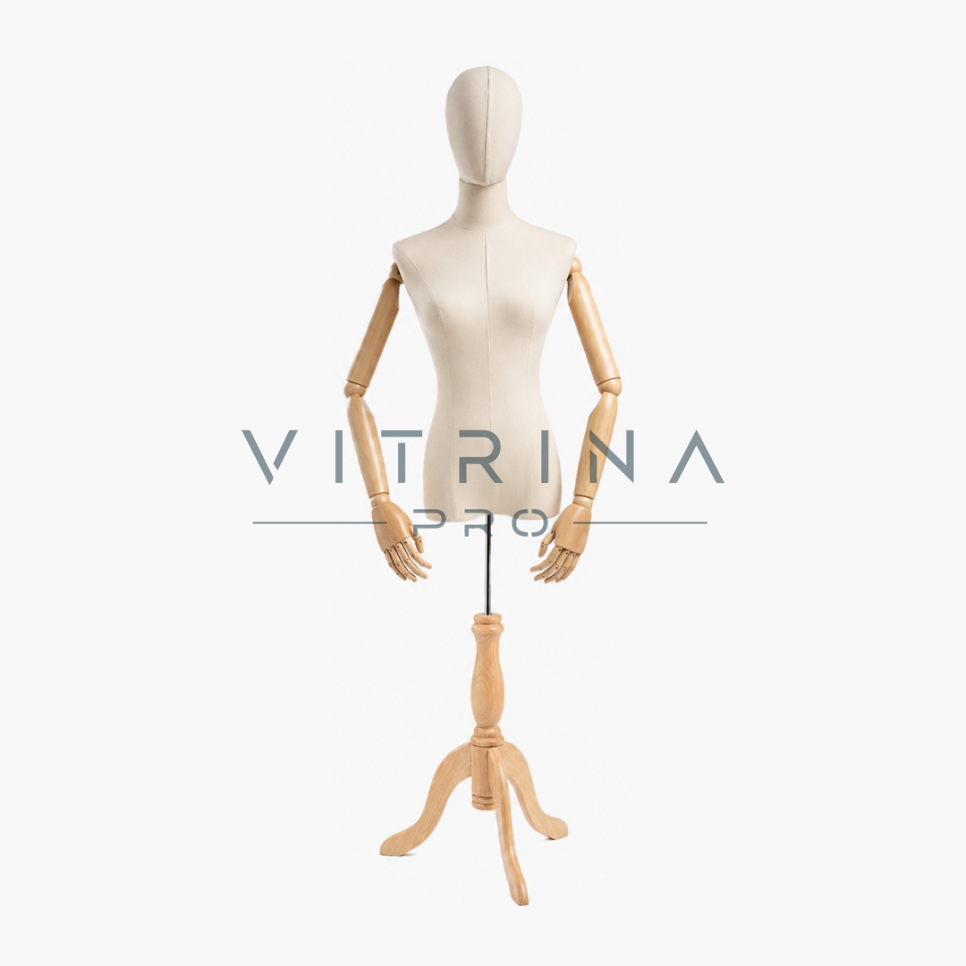 Mannequin torse femme avec tête et trépied en bois pour boutique et vitrine