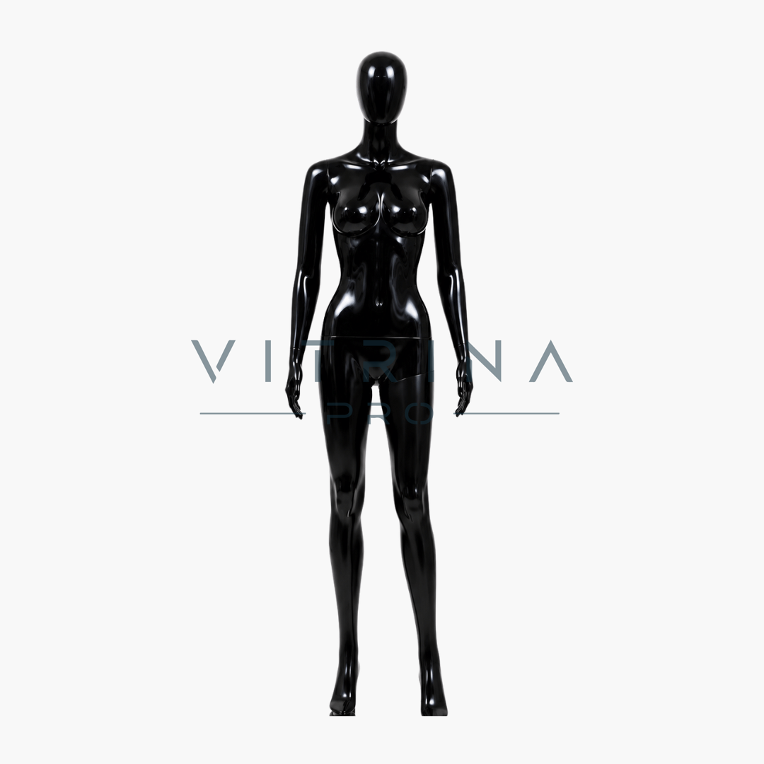 Mannequin vitrine femme noir brillant en polyester avec support métallique pour boutique et showroom