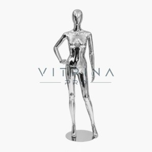 Mannequin de vitrine femme en plastique chrome brillant avec support métallique effet miroir