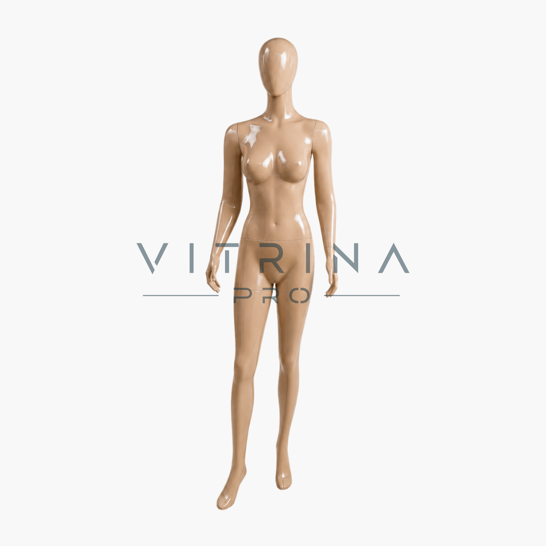 Mannequin vitrine femme en polyester beige avec support métallique pour boutique et showroom