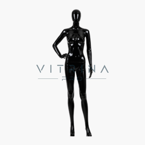 Mannequin de vitrine femme en polyester finition noir brillant avec support métallique