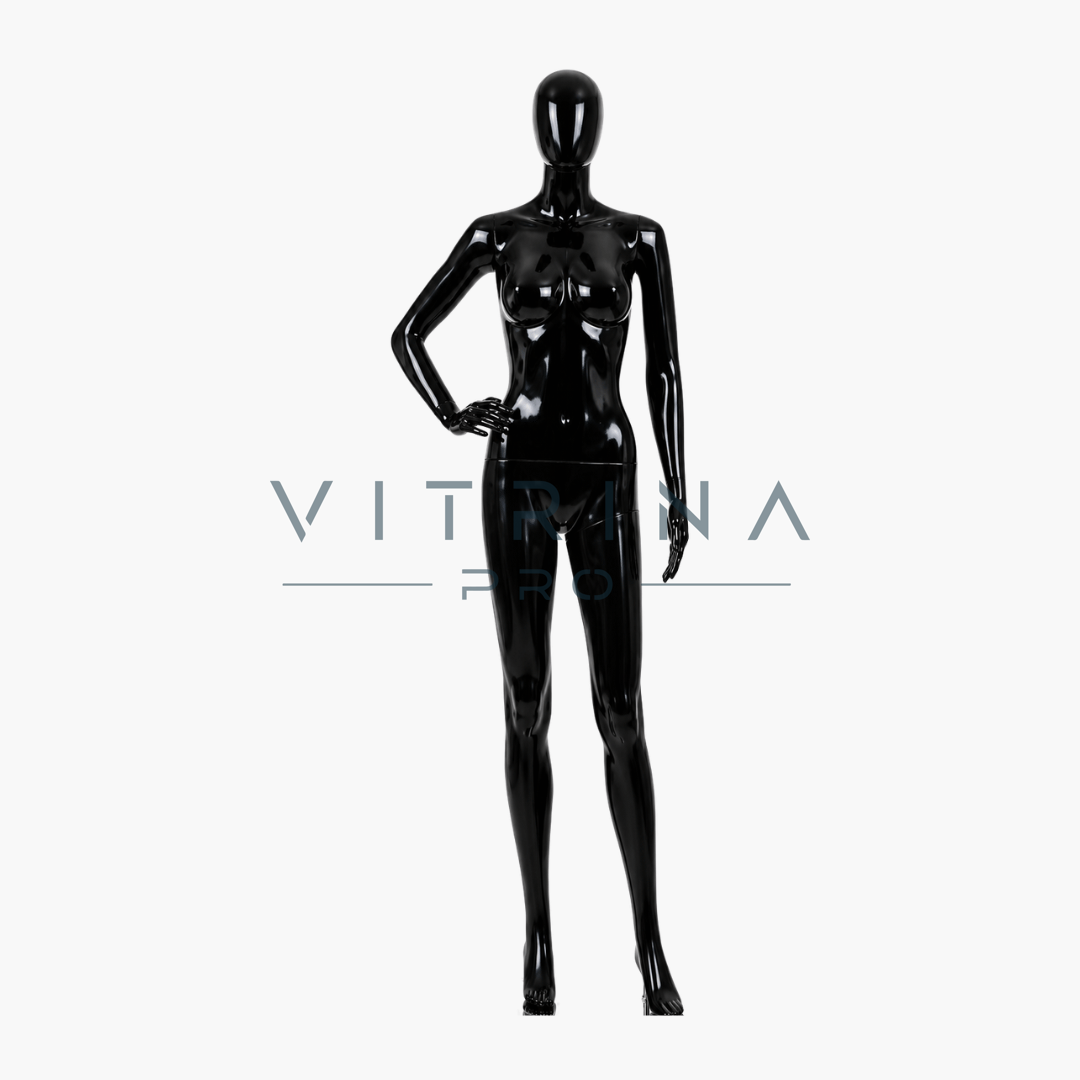 Mannequin de vitrine femme en polyester finition noir brillant avec support métallique