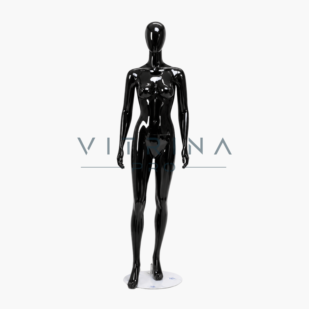 Mannequin vitrine femme en polyester noir avec support métallique pour boutique et showroom