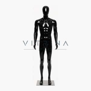 Mannequin vitrine homme premium en plastique mat noir avec support métallique