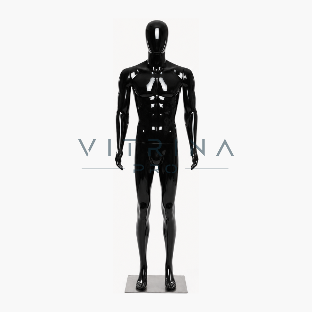 Mannequin vitrine homme premium en plastique mat noir avec support métallique