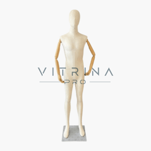 Mannequin de vitrine homme en lin beige avec bras articulés en bois