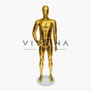 Mannequin de vitrine homme en polyester or brillant effet miroir avec tête abstraite