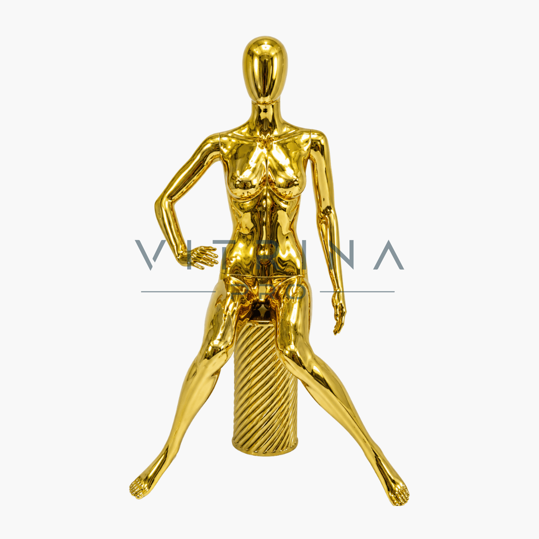 Mannequin de vitrine femme assise doré chrome en plastique