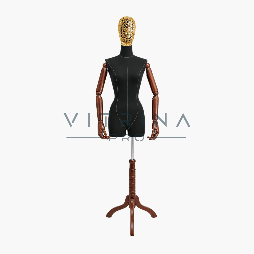 Buste de couture femme en tissu avec bras articulés en bois