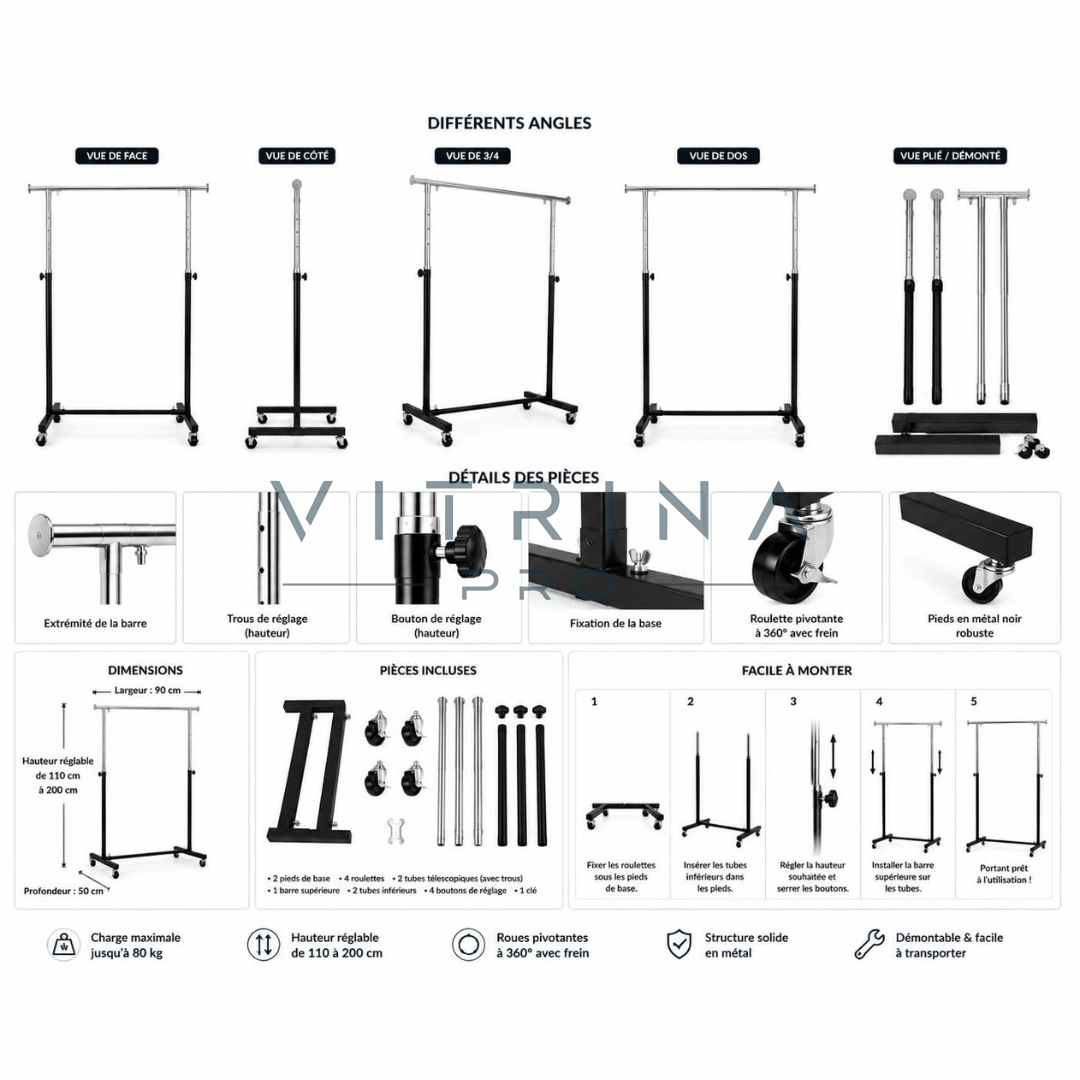 Portant vêtements réglable de 110 à 200 cm